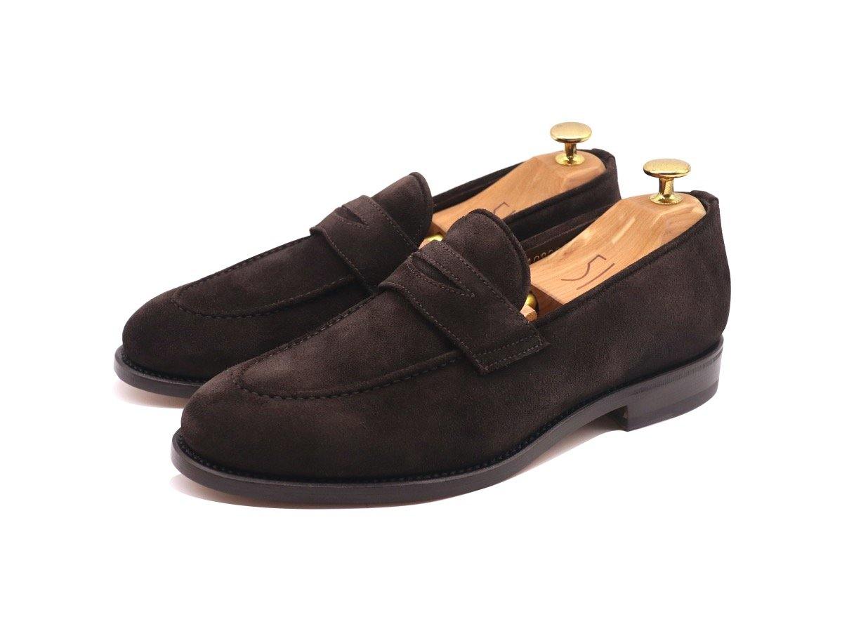 Front_View_Of_Dejon_Dark_Brown_Suede_Penny_Loafers