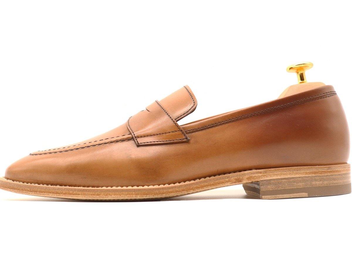 Side View of Mens Tanned Brown Leather Penny Loafers