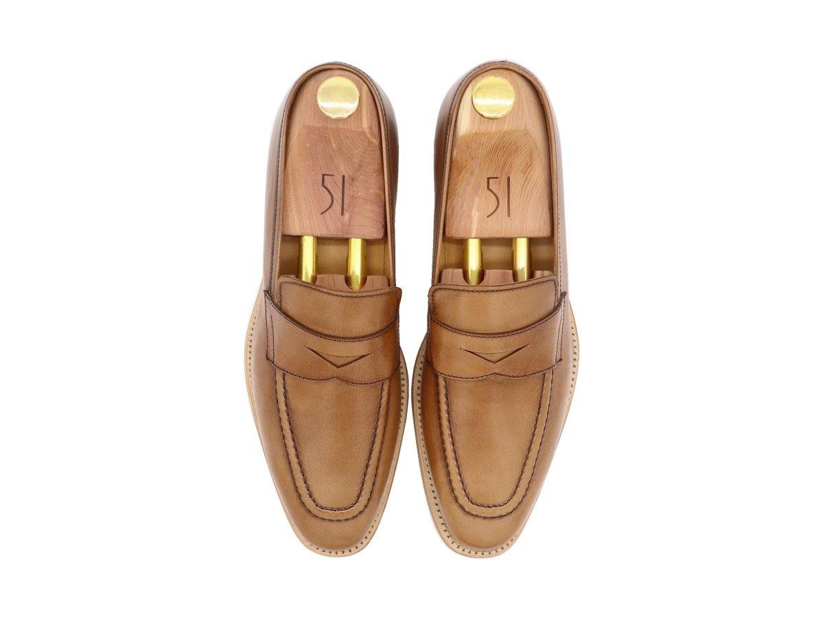 Top View of Mens Tanned Brown Leather Penny Loafers