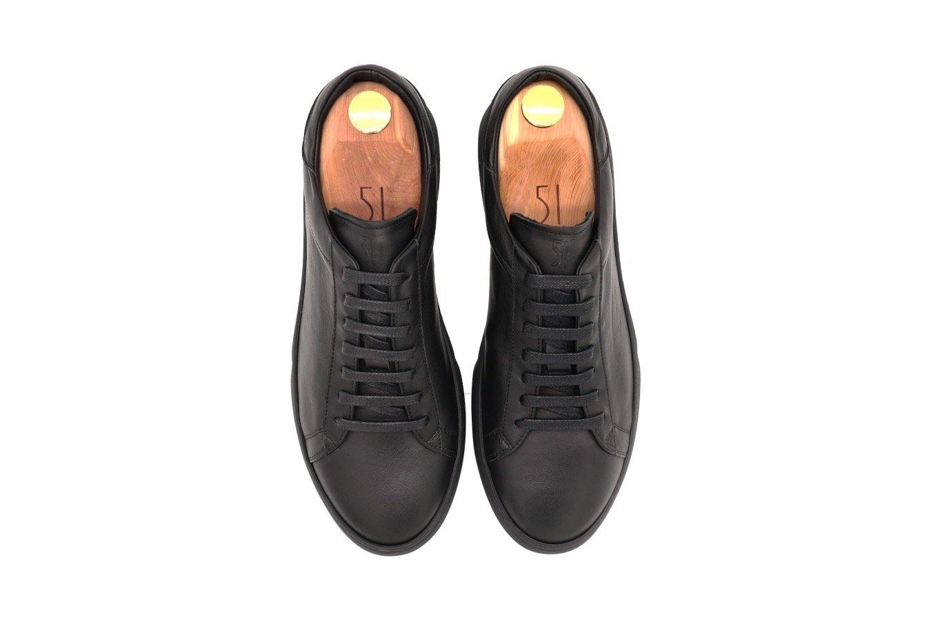 Top View of Mens Leather Low Top Black Sneakers