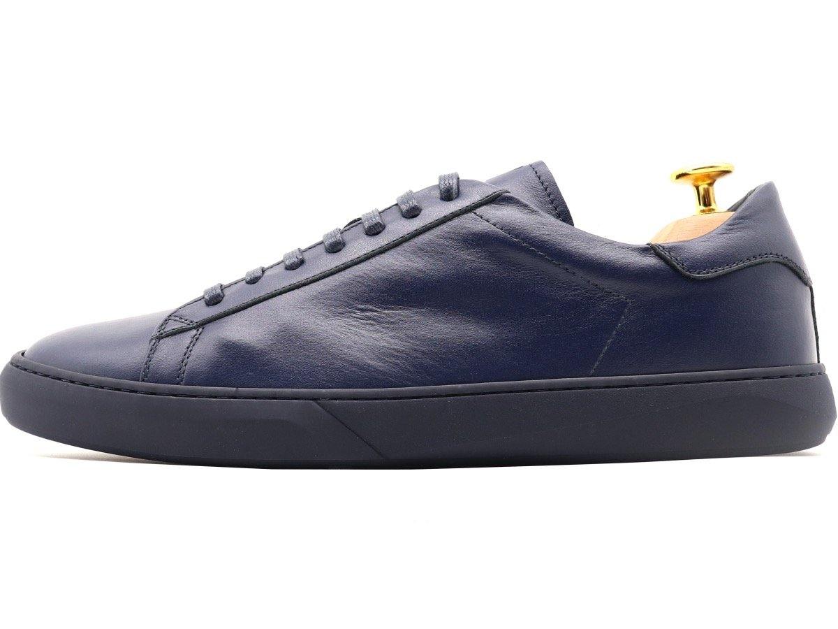 Side View of Mens Leather Low Top Navy Blue Sneakers