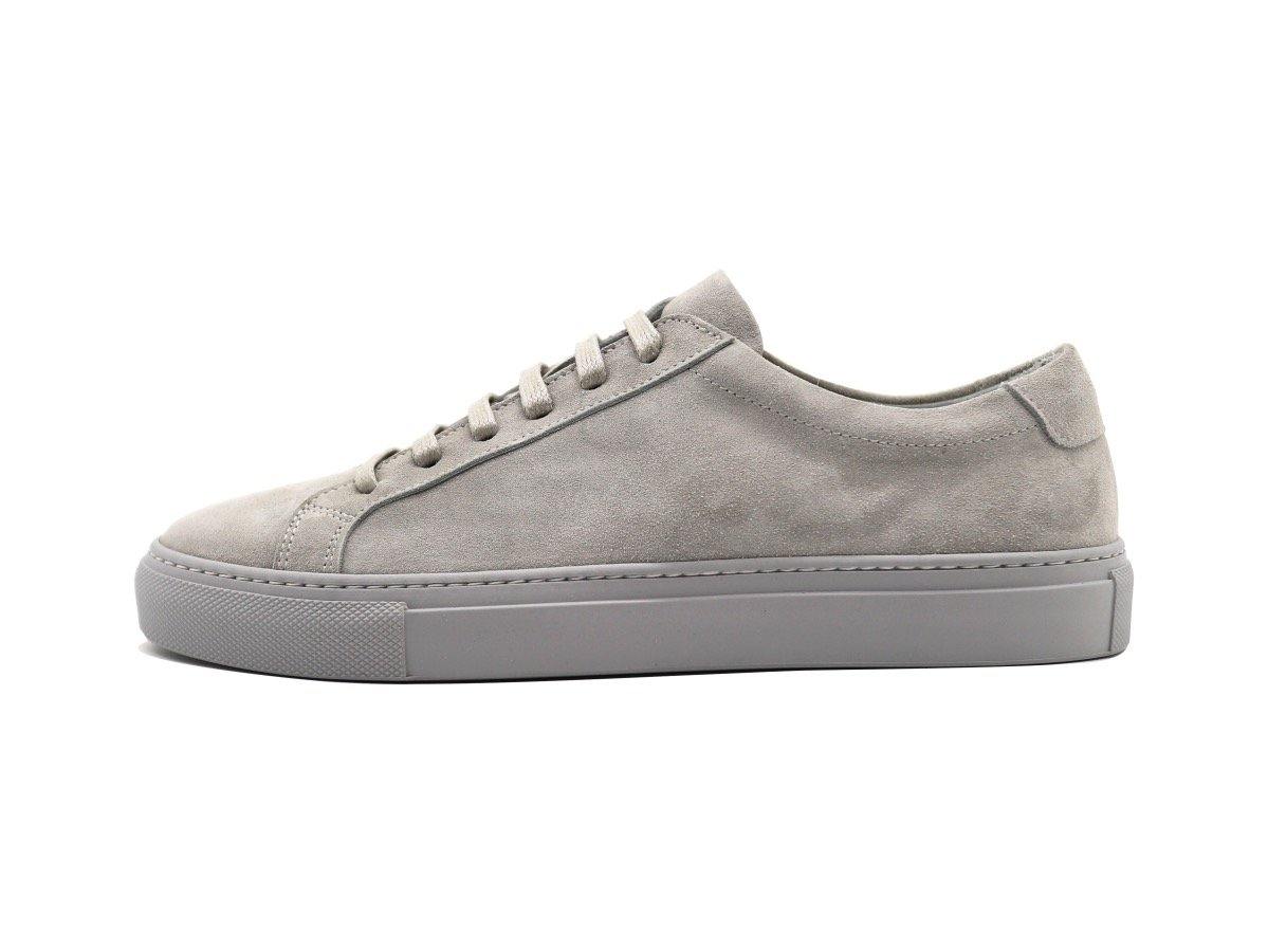 Side View of Womens Suede Low Top Shale Grey Sneakers